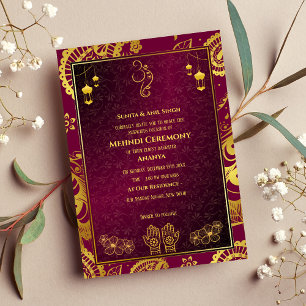 Invitación Ceremonia de Mehndi de la Novia India Diseño Dorad