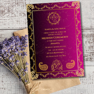 Invitación Ceremonia de Mehndi de la Novia India Diseño Dorad