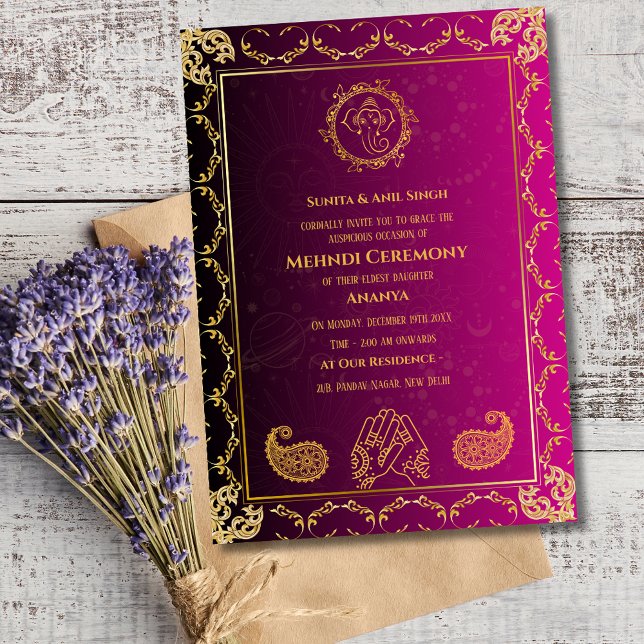 Invitación Ceremonia de Mehndi de la Novia India Diseño Dorad (Subido por el creador)