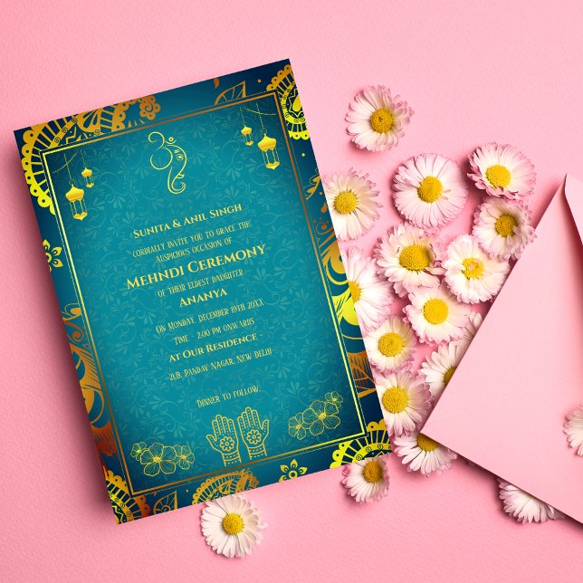 Invitación Ceremonia de Mehndi de la Novia India Diseño Dorad (Subido por el creador)