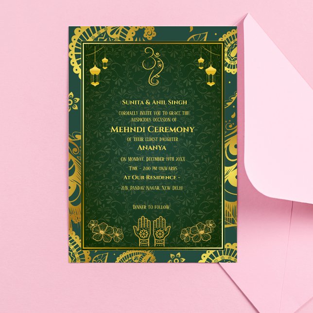 Invitación Ceremonia de Mehndi de la Novia India Diseño Dorad (Subido por el creador)