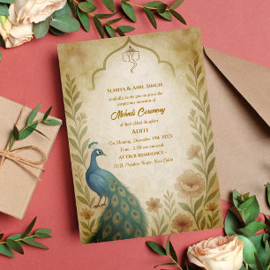 Invitación Ceremonia de Mehndi de la Novia India Pavoreal Flo