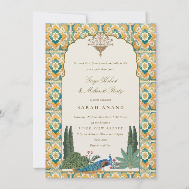 Invitación Ceremonia de Mehndi india verde amarilla ornamenta (Anverso)