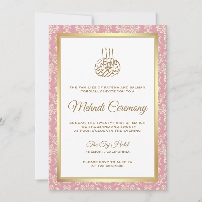 Invitación Ceremonia de Mehndi islámica de la Damasco rosa do (Anverso)