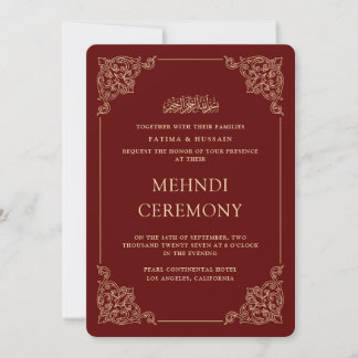Invitación Ceremonia de Mehndi roja borgoña dorada barroca an