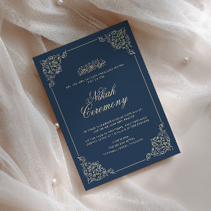 Invitación Ceremonia de Nikah azul marino antigua vintage bar