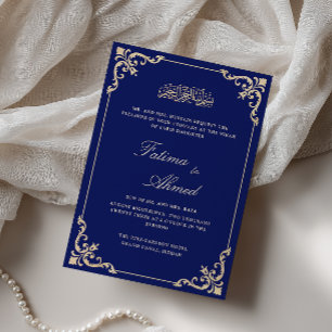 Invitación Ceremonia de Nikah Azul Real con Floritura Rococó