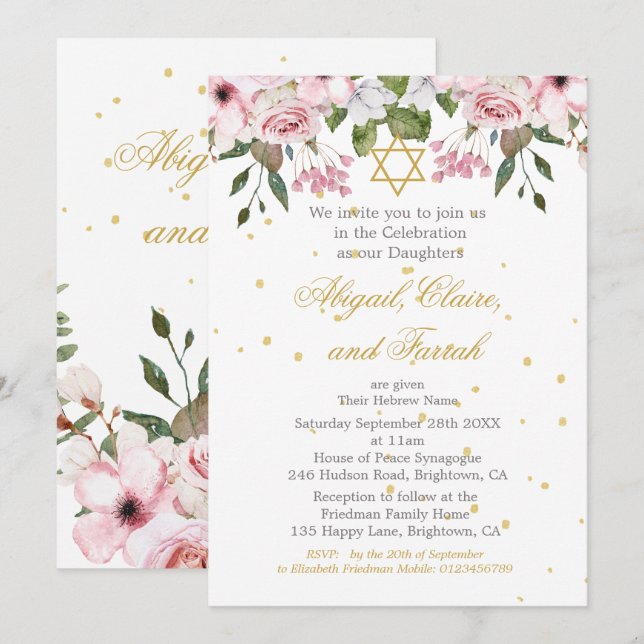Invitación Ceremonia de Nombramiento de Bebé Hebreo Triplet (Anverso / Reverso)