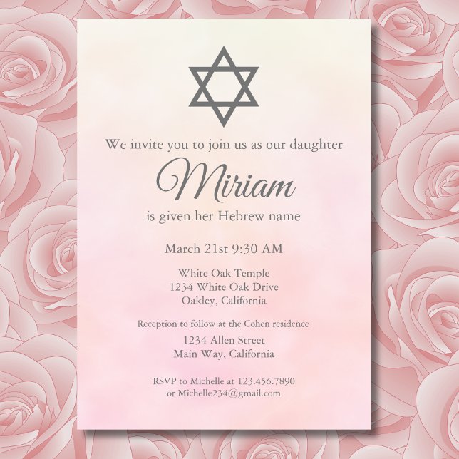 Invitación Ceremonia de nombramiento de bebé judío rosa claro (Subido por el creador)