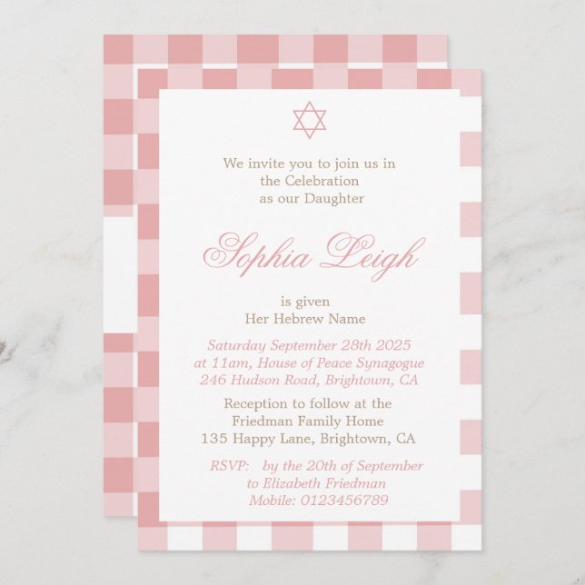 Invitación Ceremonia de Nombramiento de Niña Bebé Rosa Judío  (Anverso / Reverso)