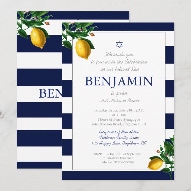 Invitación Ceremonia de Nomenclatura de Niño Lemons Hebreo Ju (Anverso / Reverso)