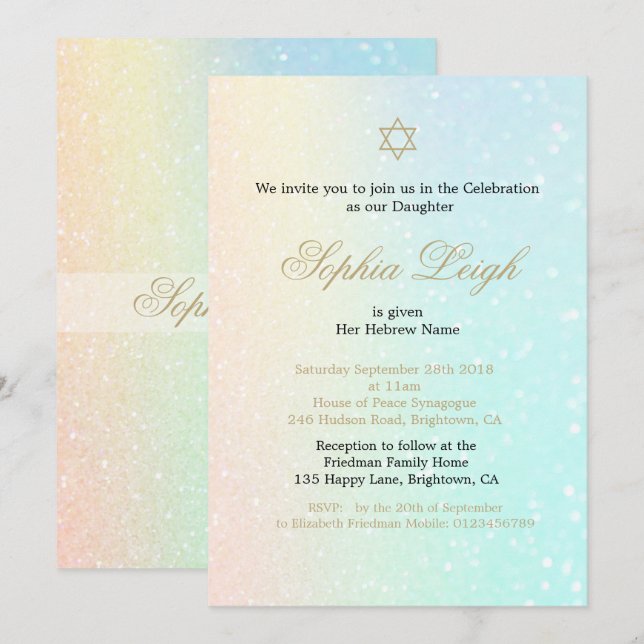 Invitación Ceremonia de Nomenclatura del Bebé Chica Hebreo Pu (Anverso / Reverso)