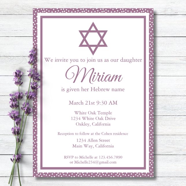 Invitación Ceremonia de Nomenclatura Judía Púrpura Simchat Ba (Subido por el creador)