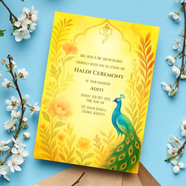 Invitación Ceremonia de novias hindúes Haldi Floral de pavo r (Subido por el creador)