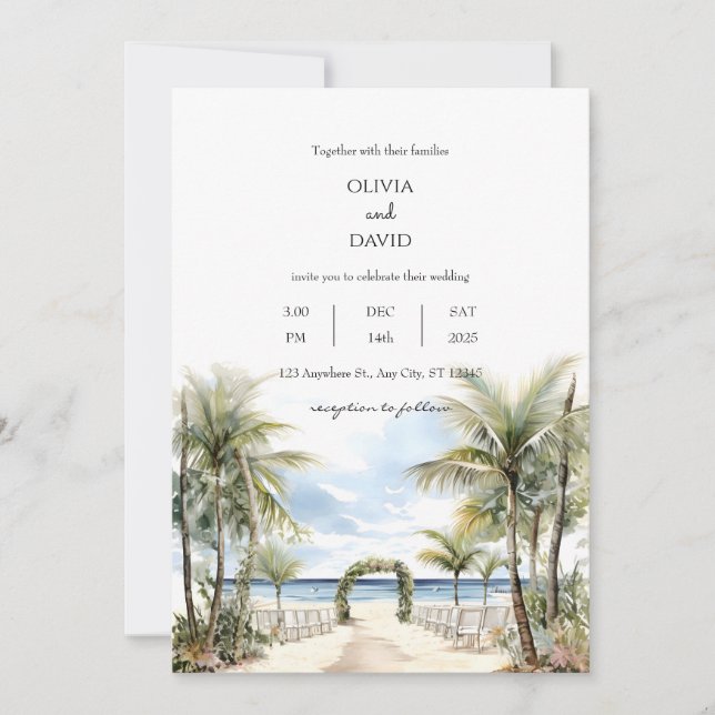 Invitación Ceremonia de Playa Tropical Palm Lined Boda Aisle (Anverso)