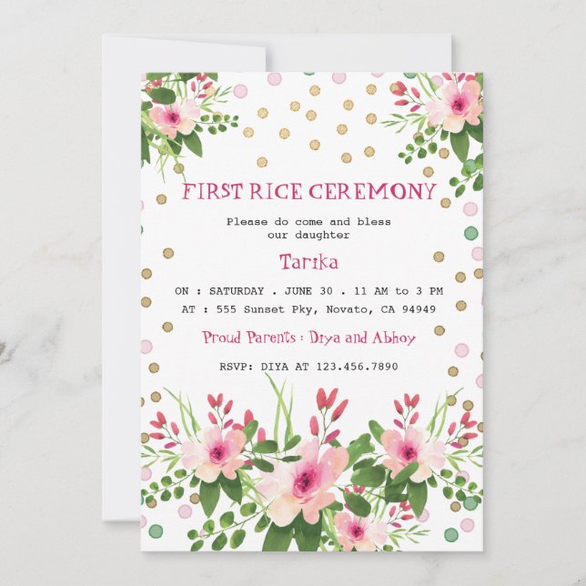 Invitación Ceremonia de primer arroz con floral rosa de Rubor (Anverso)