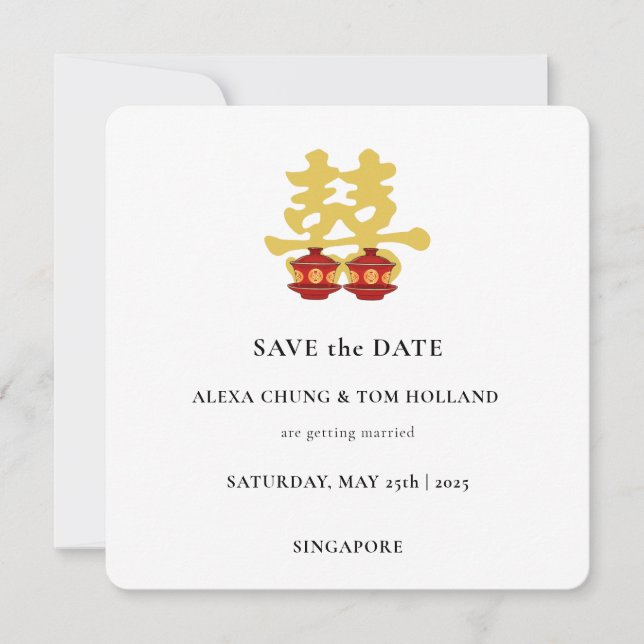 Invitación Ceremonia de Té Boda China Salva la Fecha (Anverso)
