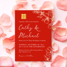 Invitación Ceremonia de té boda chino rojo elegante y floral