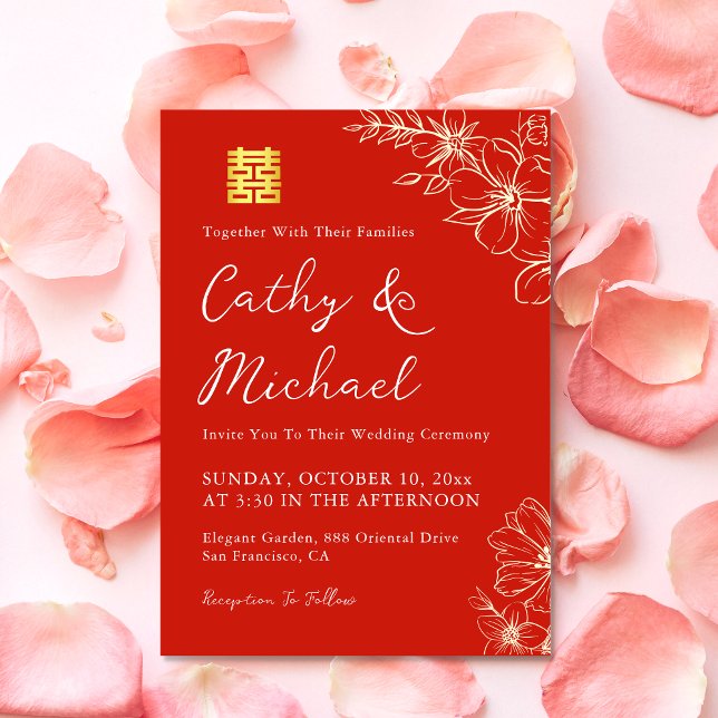 Invitación Ceremonia de té boda chino rojo elegante y floral (Modern Chinese Wedding invitation floral Chinese tea ceremony invite double happiness)