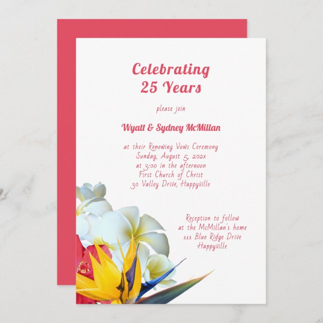 Invitación Ceremonia de votos de aniversario Flores Hawaianas (Anverso / Reverso)