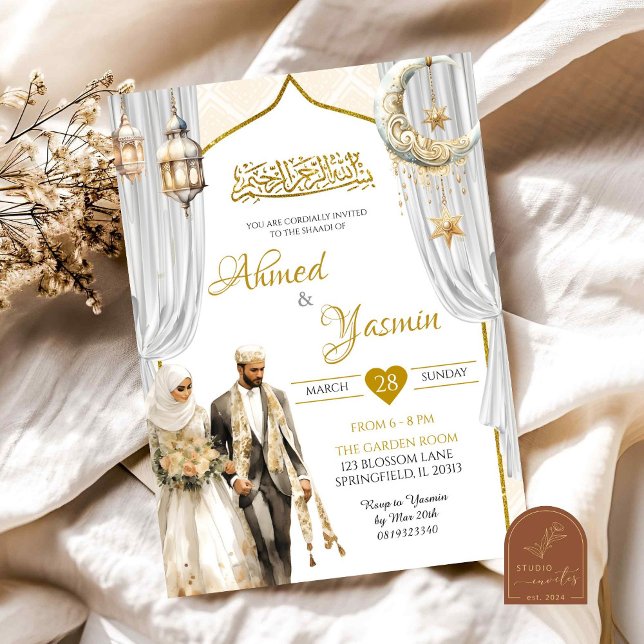 Invitación Ceremonia del Boda Baraat, musulmán del oro blanco (Subido por el creador)