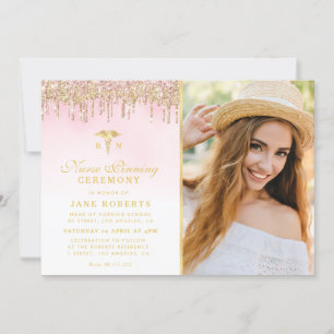 Invitación ceremonia elegante de purpurina de oro de enfermer