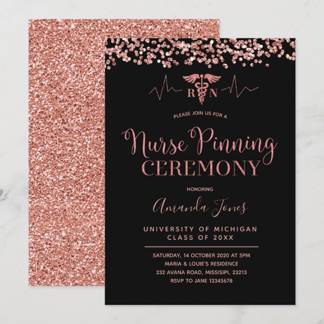 Invitación Ceremonia FAUX ROSA GOLD Black Nurse Pinning (Anverso / Reverso)