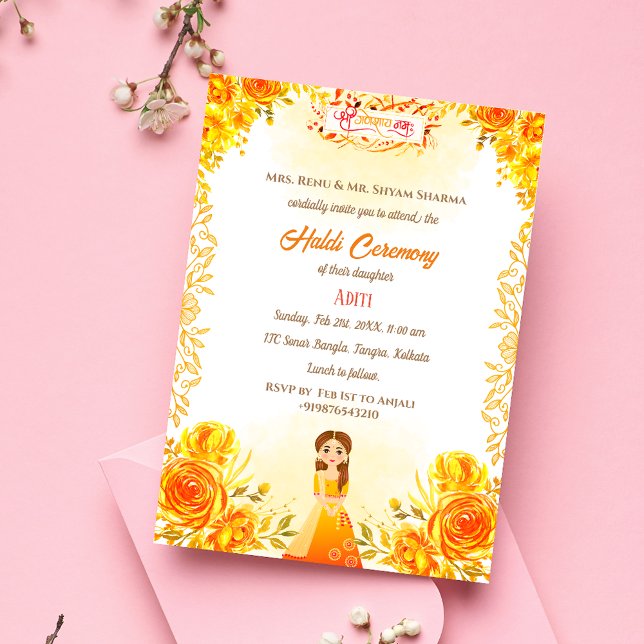 Invitación Ceremonia Haldi de la novia hindú Ganesha Floral (Subido por el creador)