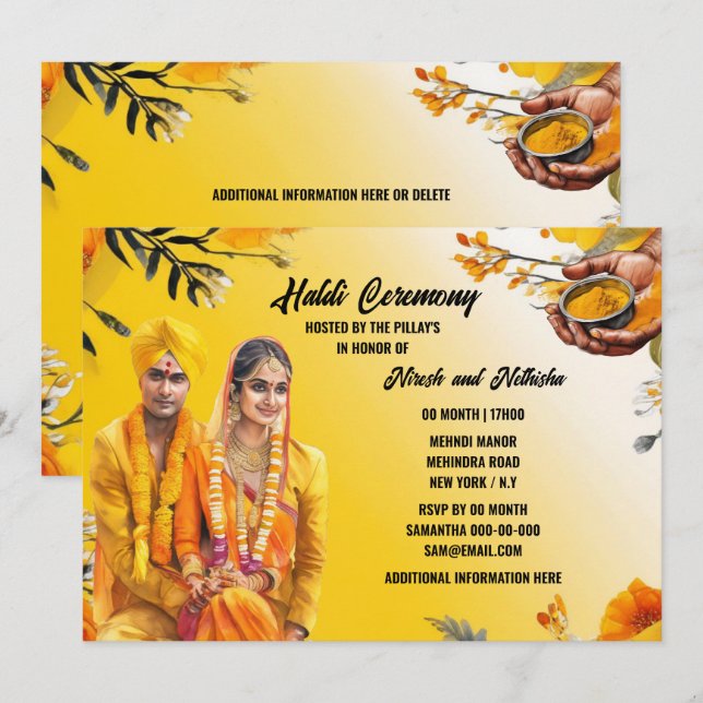 Invitación Ceremonia Haldi novio de la novia india elegante (Anverso / Reverso)