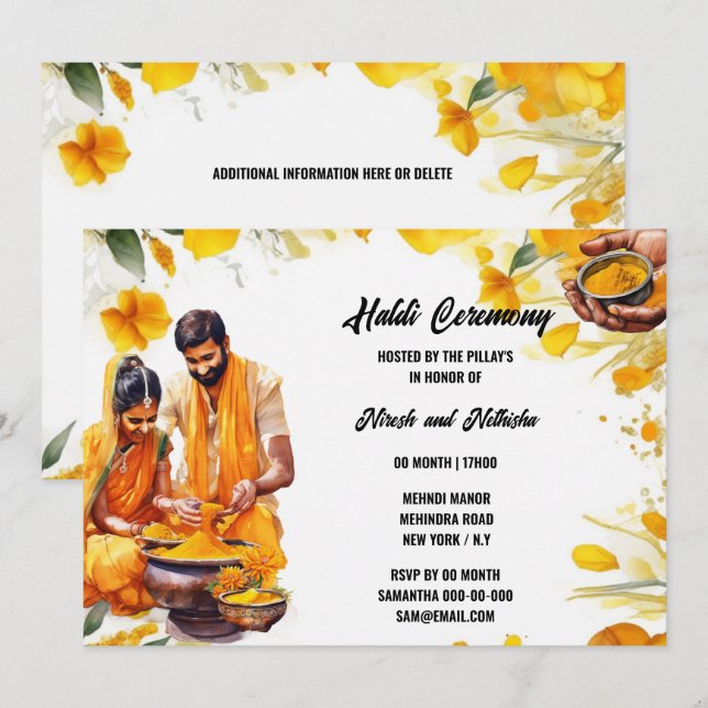 Invitación Ceremonia hindú de Haldi múmica novio de novia flo (Anverso / Reverso)
