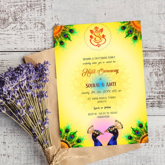 Invitación Ceremonia hindú de Haldi para pareja con pavo real (Subido por el creador)