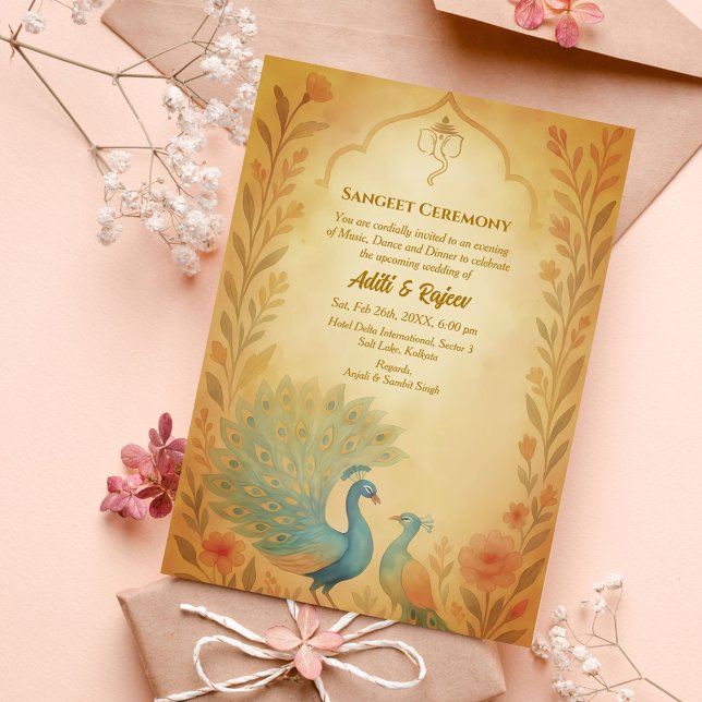 Invitación Ceremonia india de preBoda Sangeet de Peacock Flor (Subido por el creador)