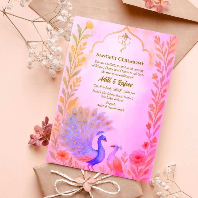 Invitación Ceremonia india de preBoda Sangeet de Peacock Flor (Subido por el creador)