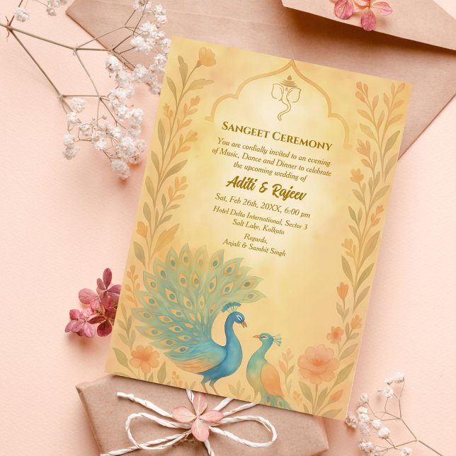 Invitación Ceremonia india de preBoda Sangeet de Peacock Flor (Subido por el creador)