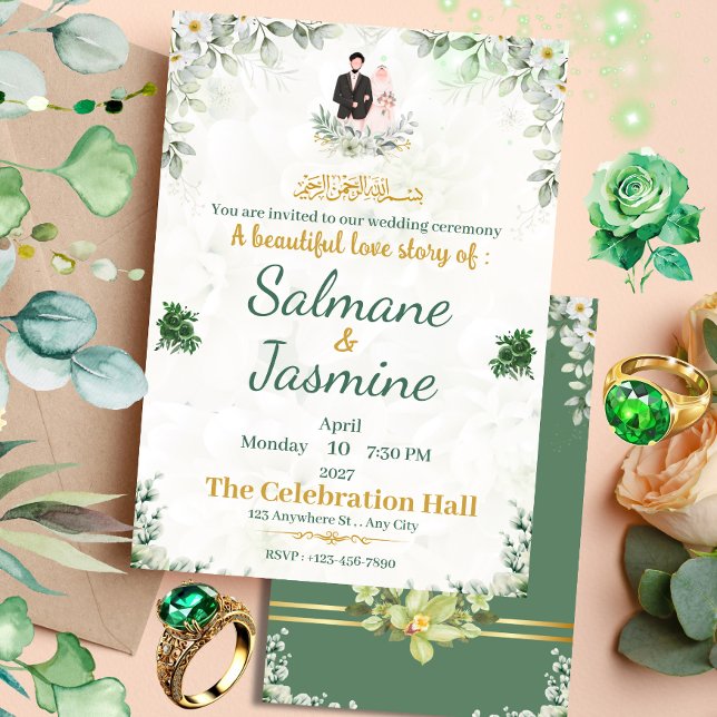 Invitación Ceremonia islámica Boda musulmanes floral verde (Subido por el creador)
