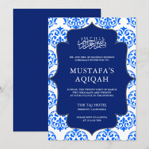 Invitación Ceremonia islámica de Aqiqah de damasco azul y bla