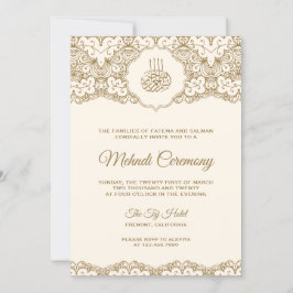 Invitación Ceremonia islámica de Mehndi de encaje dorado y cr