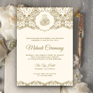 Invitación Ceremonia islámica de Mehndi de encaje dorado y cr