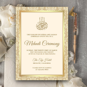 Invitación Ceremonia islámica de Mehndi en damasco de crema y