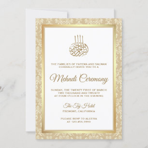 Invitación Ceremonia islámica de Mehndi en damasco dorado y b