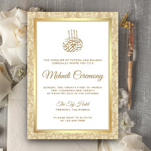Invitación Ceremonia islámica de Mehndi en damasco dorado y b