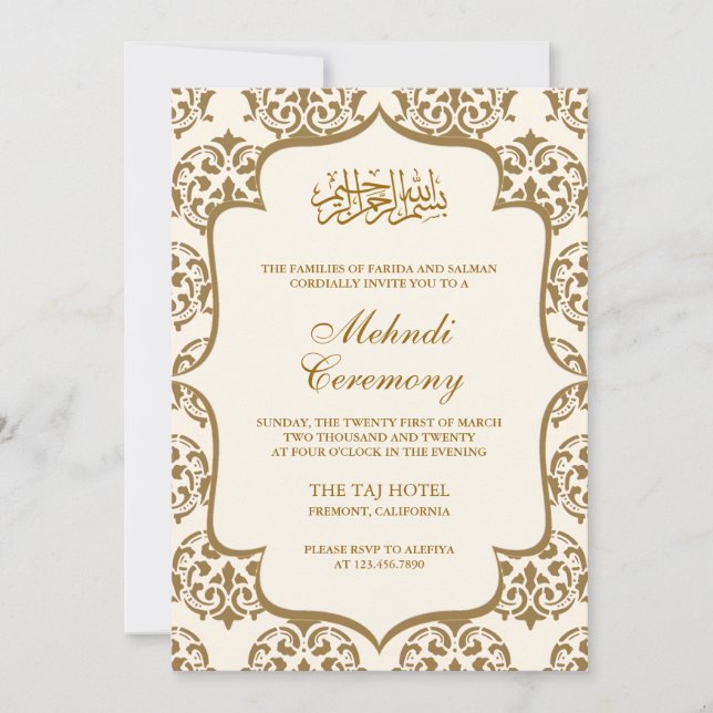 Invitación Ceremonia islámica Mehndi Cream and Gold Damask (Anverso)
