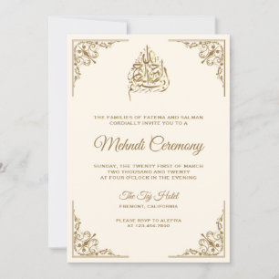 Invitación Ceremonia islámica musulmana de crema y oro Mehndi