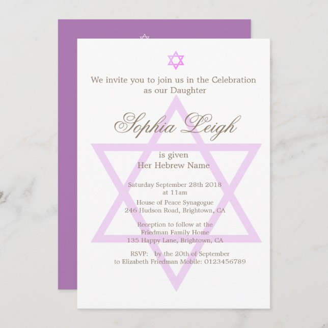 Invitación Ceremonia judía hebrea de nombres de Chicas púrpur (Anverso / Reverso)