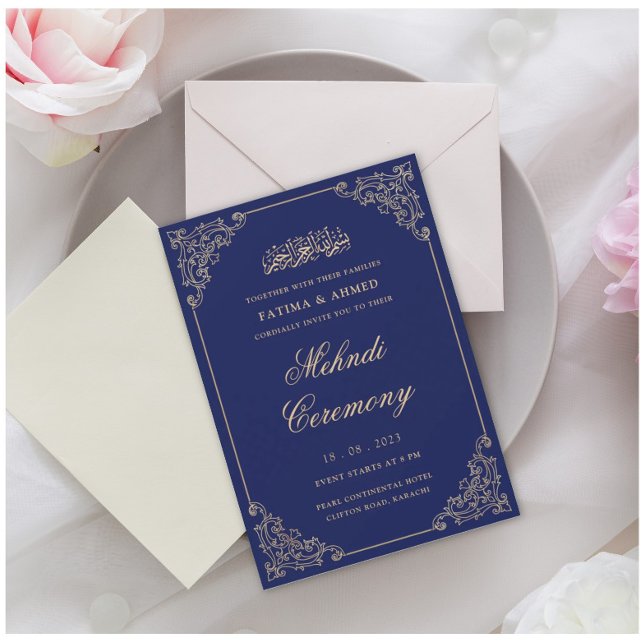 Invitación Ceremonia Mehndi Boda musulmana azul islámica (Subido por el creador)