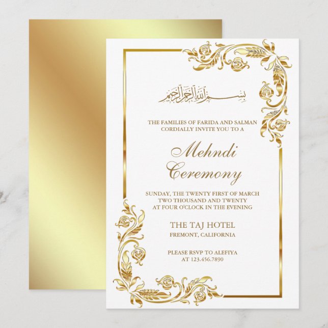 Invitación Ceremonia Mehndi de la frontera floral de oro blan (Anverso / Reverso)