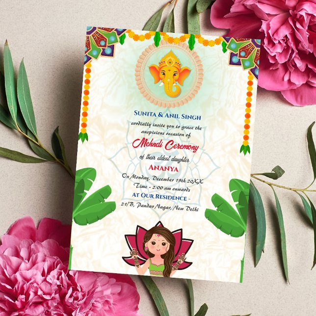 Invitación Ceremonia Mehndi de novia india árbol bananero Gan (Subido por el creador)
