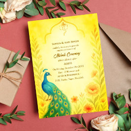 Invitación Ceremonia Mehndi de novia india Floral de pavo rea