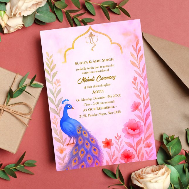 Invitación Ceremonia Mehndi de novia india Floral de pavo rea (Subido por el creador)