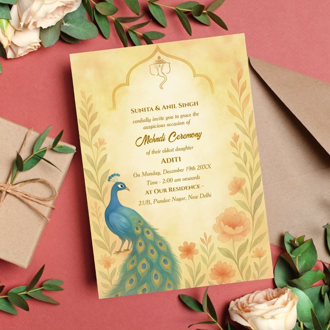 Invitación Ceremonia Mehndi de novia india Floral de pavo rea (Subido por el creador)